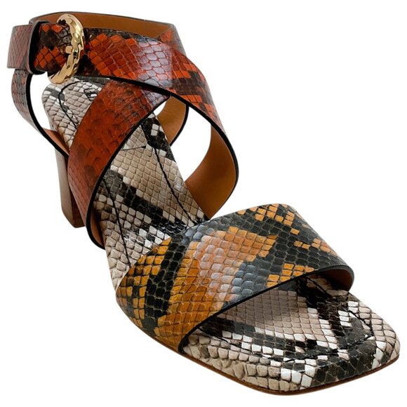 Ulla Johnson Brown Python Embossed Leather Mid Heel Sandals